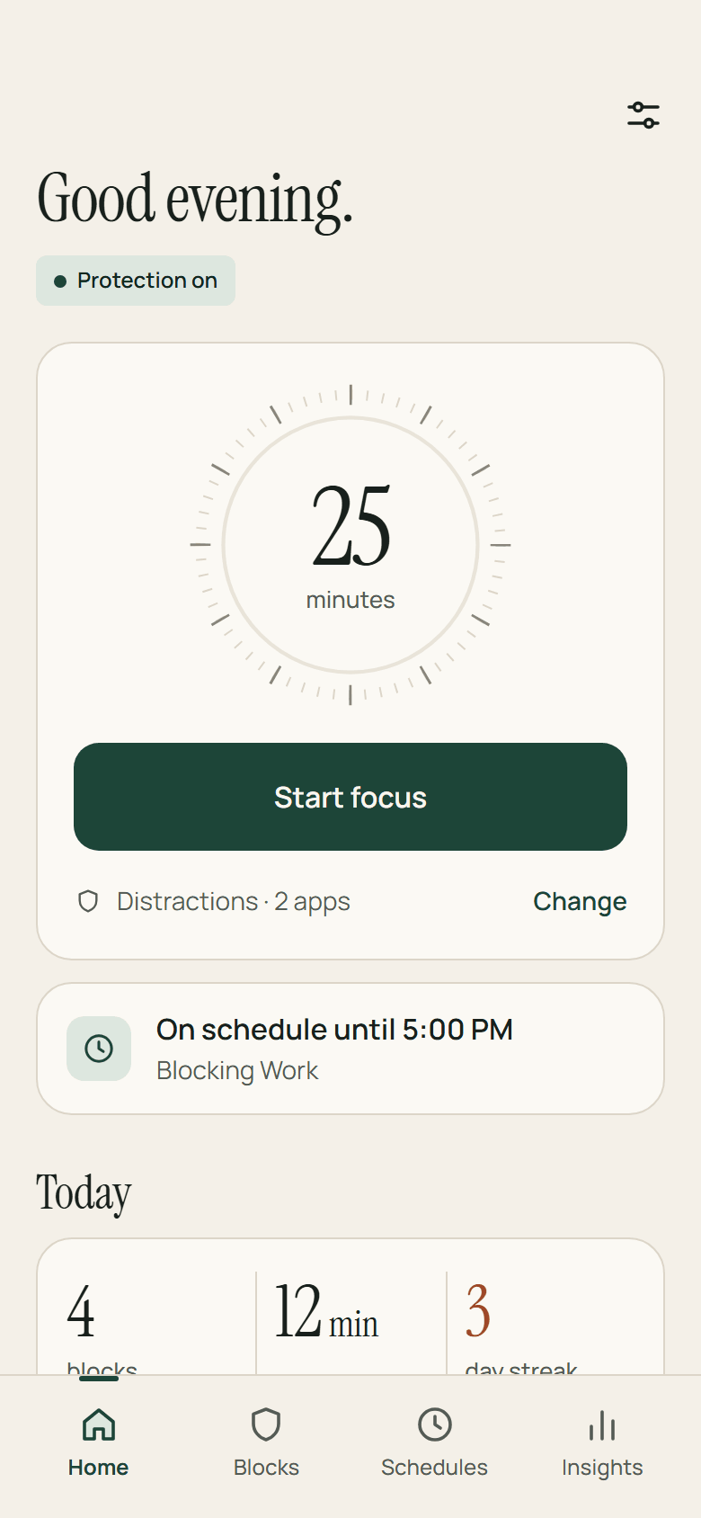 LockIn's home screen. It says Good evening, with a Protection on badge, a 25-minute focus dial and a Start focus button, a card reading On schedule until 5:00 PM, blocking Work, and today's figures: 4 blocks, 12 minutes saved and a 3-day streak.